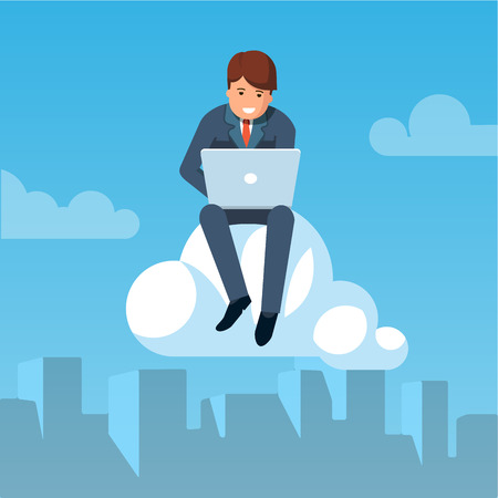 Business man flying in the sky above city downtown sitting on a cloud and working on laptop. Cloud computing concept. Modern flat style vector illustration isolated on sky background.のイラスト素材
