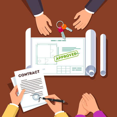 Hands signing house or apartment renovation contract. Real estate agent giving key chain and showing approved floor plan. Top view modern flat style vector illustration.のイラスト素材