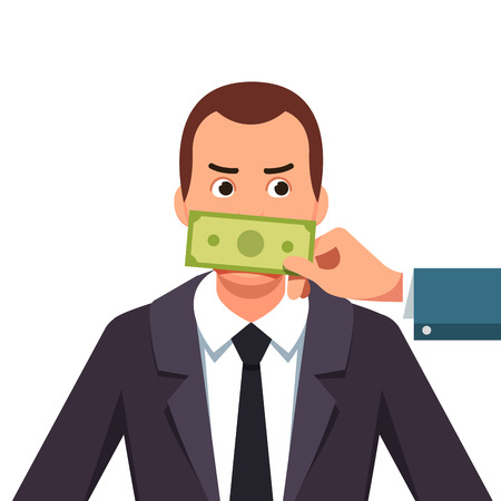 Hand with cash money banknote covering politician or business man mouth buying silence telling him to shut up. Lobbyist corruption concept. Flat style vector illustration isolated on white background.のイラスト素材