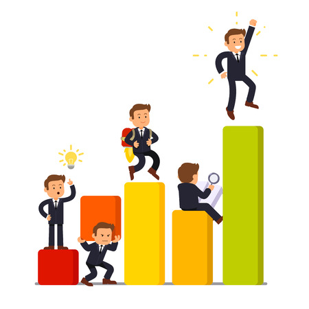 Stages of business development and growth from initial idea to a market leadership. Little businessman characters working in various poses on a bar graph. Flat vector illustration on white background.のイラスト素材