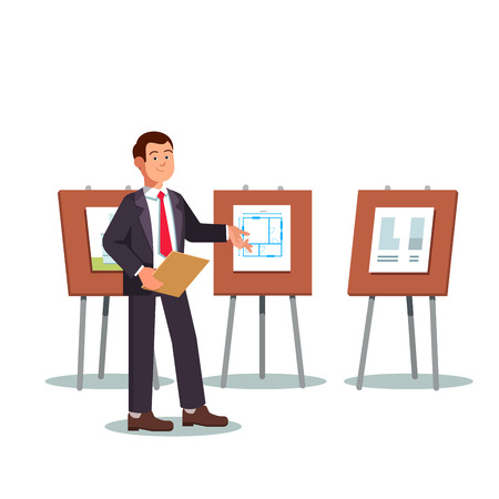 Young architect and presenter showing his project blueprints and floor plans on a presentation boards easels. Modern flat style vector illustration isolated on white background.のイラスト素材