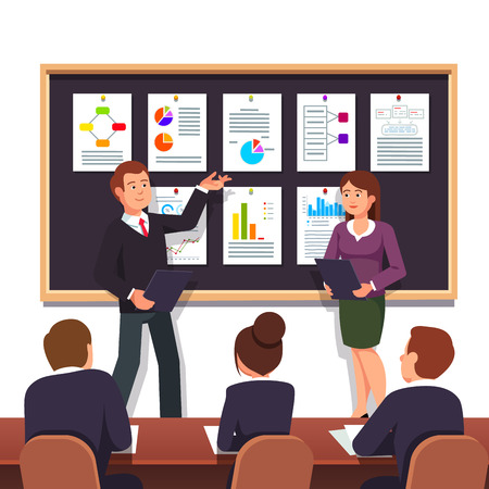 Young entrepreneurs presenting their new start up business project plan to investors for evaluation seeking investment. Modern flat style vector illustration isolated on white background.のイラスト素材