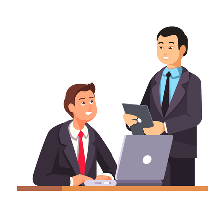 Asian HR manager with a tablet pc welcomes new employee at his working desk with a laptop computer. Modern flat style vector illustration isolated on white background.のイラスト素材
