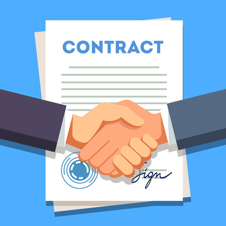 Business man firmly shaking hands over a signed contract with stamp. Modern flat style vector illustration.のイラスト素材