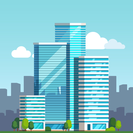 Scenic view of a city downtown landscape with high glass skyscrapers piercing blue sky clouds. Modern flat style vector illustration.のイラスト素材