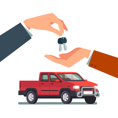 Buying or renting a new or used pickup truck. Car dealer giving keychain to a buyer hand. Modern flat style vector illustration isolated on white background.のイラスト素材