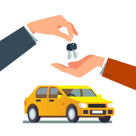 Buying or renting a new or used family sedan car. Dealer giving keys chain to a buyer hand. Modern flat style vector illustration isolated on white background.のイラスト素材