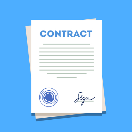 Signed and stamped contract paper icon. Modern flat style vector illustration isolated on a blue background.のイラスト素材