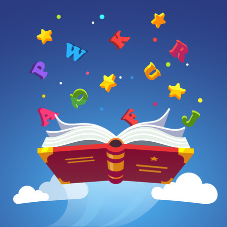 Magical book flying scattering alphabet letters. Opened primer. Magic of learning to read with ABC concept. Modern flat style vector illustration.のイラスト素材