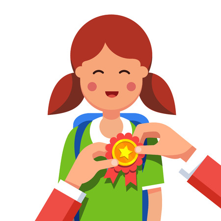 Student girl being awarded for a win at school fair. Hands pinning winner ribbon award to a kids chest. Flat style modern vector illustration isolated on white background.のイラスト素材