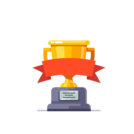 Shining golden cup award prize with red ribbon and stone pedestal. Modern flat style vector illustration isolated on white background.のイラスト素材
