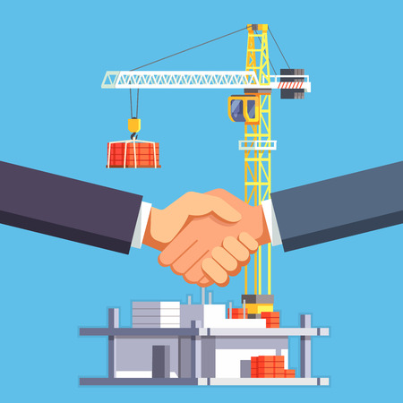 Developer and buyer shaking hands on a deal of construction of multistory building house or a skyscraper. Modern flat style vector illustration.のイラスト素材