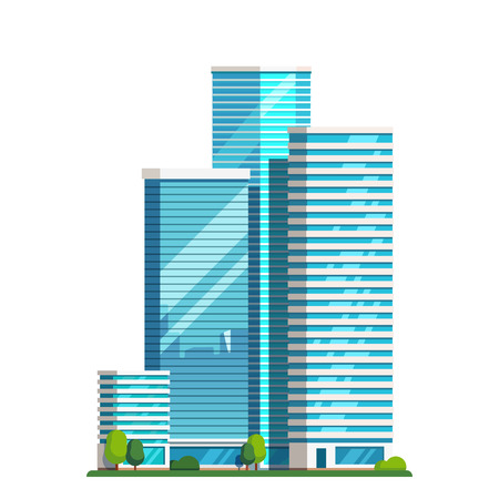 Downtown skyscrapers with skyline reflections on shiny glass facades. Modern flat style vector illustration isolated on white background.のイラスト素材