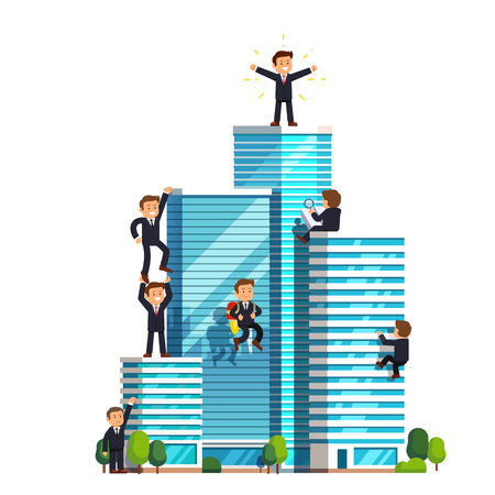 Business ascension competition in achieving success. Little businessman climbing high wall street skyscrapers to reach the top and win. Flat style vector illustration isolated on white background.のイラスト素材