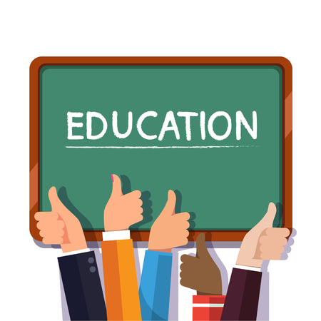 Hands of the people praising learning with thumbs up gesture in front of green chalkboard with education word written with chalk. Flat style modern vector illustration isolated on white background.のイラスト素材