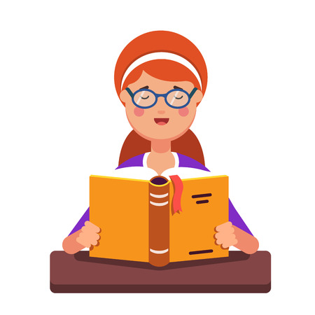Young red hair girl student wearing glasses reading a book out loud holding it in her hands and sitting at the desk. Flat style modern vector illustration isolated on white background.のイラスト素材