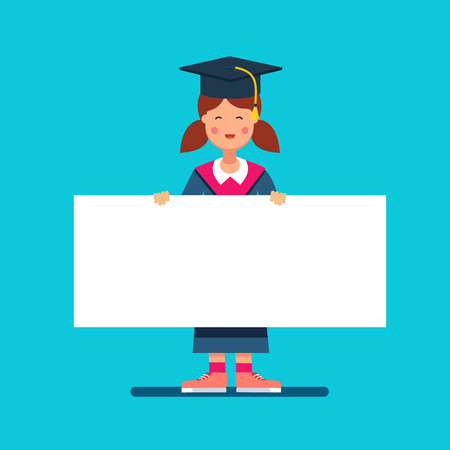 Graduate student girl in mortar board hat standing and holding big white space placard banner. Flat style modern vector illustration.のイラスト素材