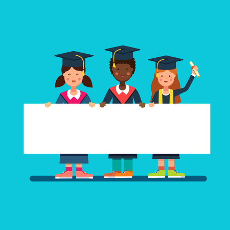 Graduate students girls and boy in mortar board hats standing and holding big white space placard banner together. Flat style modern vector illustration.のイラスト素材