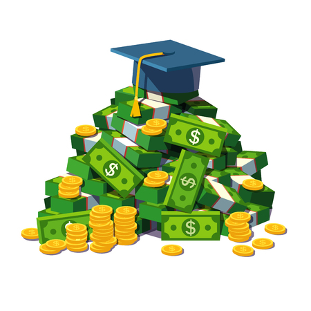 Student hat - mortar board lying on a big pile of money. Metaphor for price and benefits of high education. Flat style modern vector illustration isolated on white background.のイラスト素材