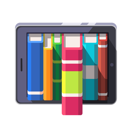 Books library shelve concept on a tablet computer or e-reader. Flat style modern vector illustration isolated on white background.のイラスト素材