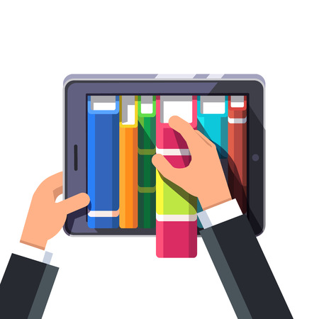 Businessman hands taking out book from a virtual library shelve on a tablet computer or big smartphone. Flat style concept modern vector illustration isolated on white background.のイラスト素材