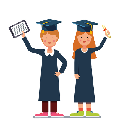 Graduated students boy and girl in gowns and mortar boards standing with diploma and tablet computers. Flat style modern vector illustration isolated on white background.のイラスト素材