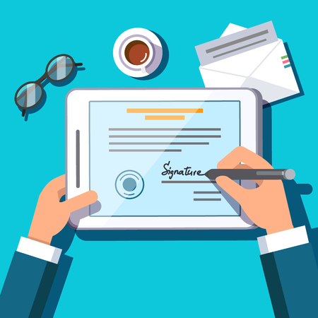 Business man writing an electronic signature on a document or contract on tablet computer screen with a stylus pen. Modern paperwork signing. Flat style modern vector illustration.のイラスト素材