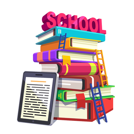 Modern school education and knowledge concept. Huge tower of books with ladders accompanied by tablet computer or e-reader. Flat style modern vector illustration isolated on white background.のイラスト素材