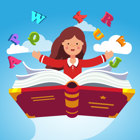 Girl student or preschooler flying in the sky on a magical primer ABC book. Knowledge power concept. Flat style modern vector illustration.のイラスト素材