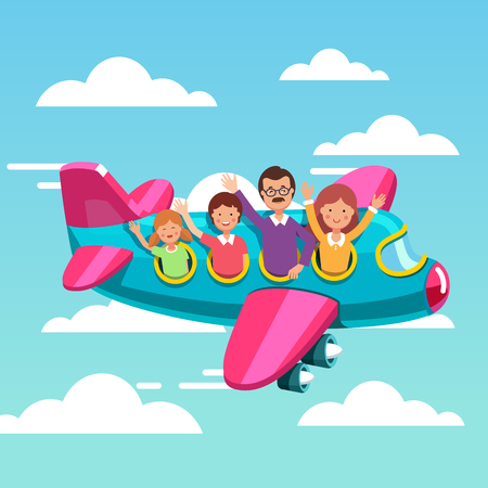 Family tourists traveling on airplane together. Happy father, mother and kids flying together on their summer holiday voyage. Flat style modern vector illustration.のイラスト素材