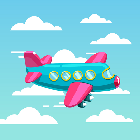 Cute comic air plane jet flying fast in the sky. Flat style modern vector illustration.のイラスト素材