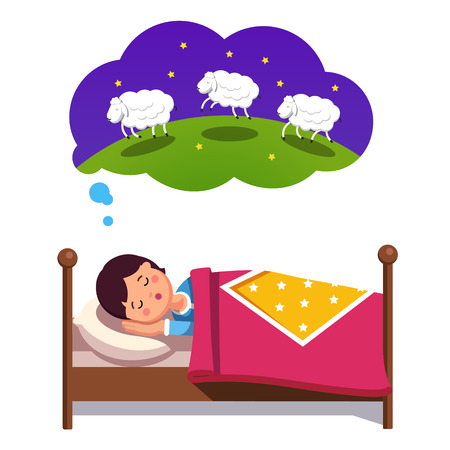 Teen boy trying to sleep in his bed counting jumping sheep. Fighting insomnia concept. Flat style modern vector illustration isolated on white background.のイラスト素材