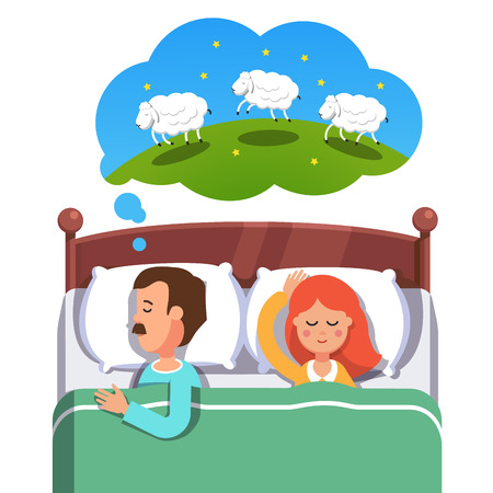 Young couple sleeping in their bed. Husband trying to fight insomnia by counting jumping sheep while his wife is peacefully slumbering. Flat style vector illustration isolated on white background.のイラスト素材
