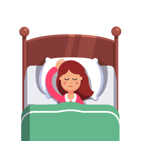 Woman sleeping peacefully smiling in her bed. Flat style modern vector illustration isolated on white background.のイラスト素材