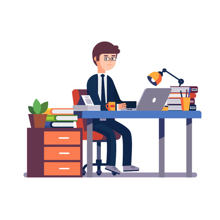 Business man entrepreneur in a suit working at his office desk. Modern colorful flat style vector illustration isolated on white background.のイラスト素材