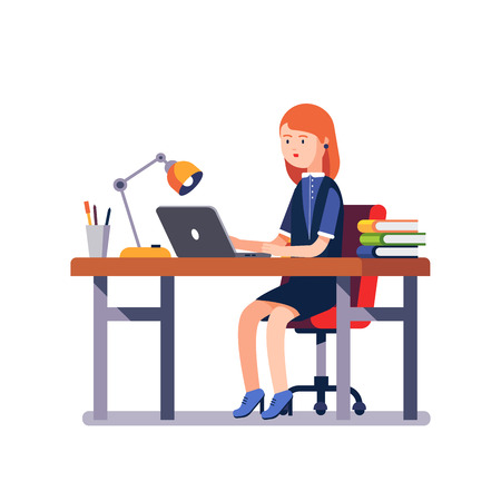 Business woman or a clerk working at her office desk. Modern colorful flat style vector illustration isolated on white background.のイラスト素材