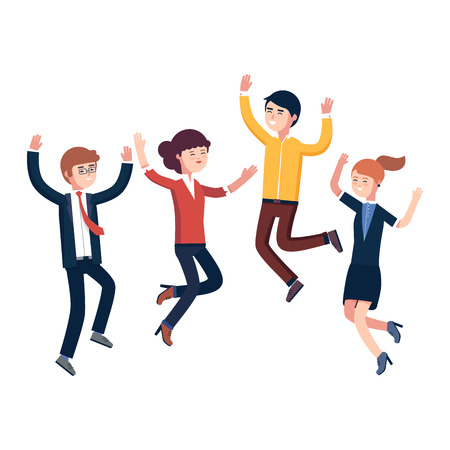 Happy jumping up business people celebrating their success and achievements. Businessman and woman celebrating victory. Modern colorful flat style vector illustration isolated on white background.