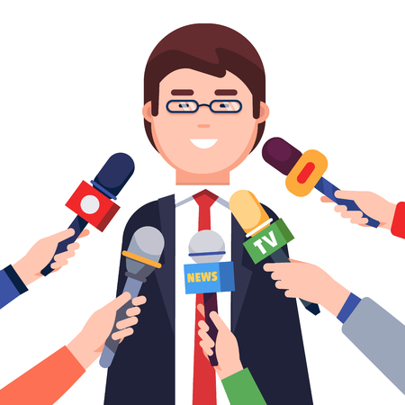 Microphones in hands of reporters on press conference. Journalists taking interview from a politician or a corporate man. Modern colorful flat style vector illustration isolated on white background.のイラスト素材