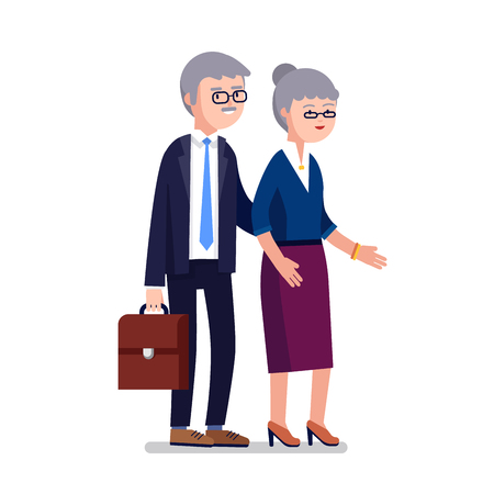 Senior age business man and woman couple. Classy dressed gray haired businessman walking with his wife. Modern colorful flat style vector illustration isolated on white background.のイラスト素材
