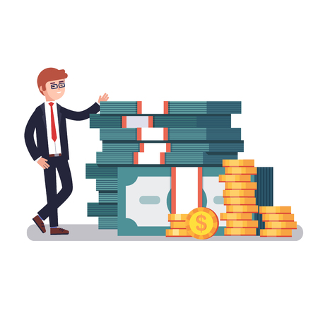 Young business man in suit showing off his money, pile of huge stacked dollar banknotes and gold coins. Modern colorful flat style vector illustration isolated on white background.のイラスト素材