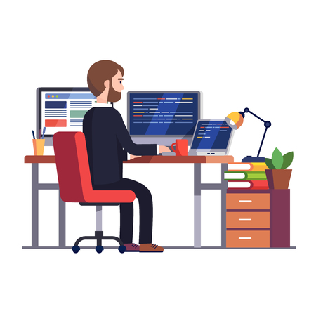 Professional programmer engineer working writing code at his big desk with multiple displays and laptop computer. Modern colorful flat style vector illustration isolated on white background.のイラスト素材