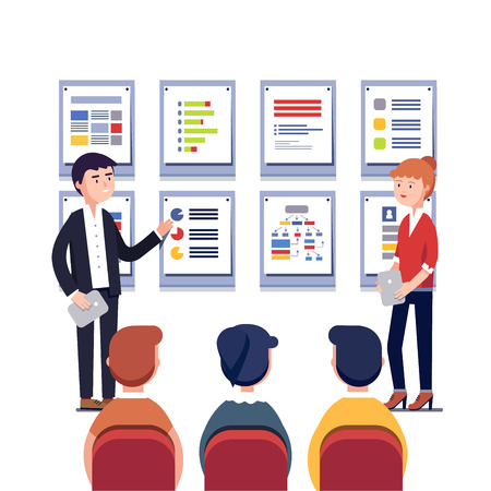Man and woman presenting their project business plan. Showing data, explaining charts on cards. Business presentation, training or seminar. Flat style vector illustration isolated on white background.のイラスト素材
