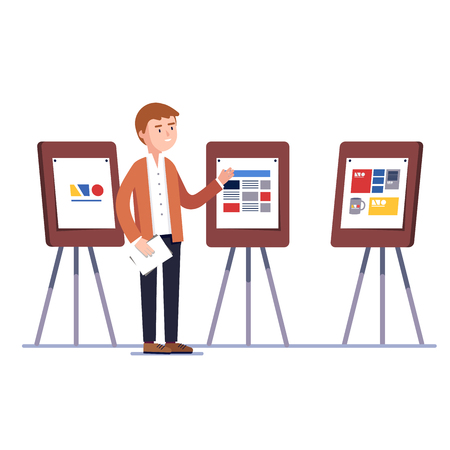 Marketing firm graphic designer showing trademark  and corporate identity branding design project on a presentation boards easels. Flat style vector illustration isolated on white background.のイラスト素材