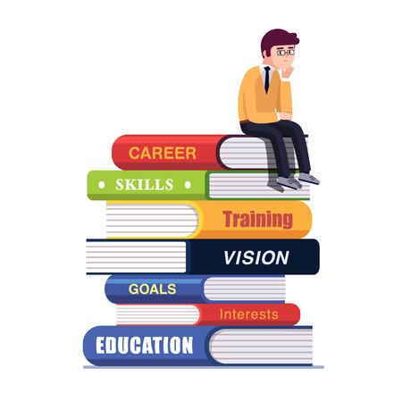 Business thinker sitting on a pile of big books representing his education and professional career establishment path thinking about future. Flat style vector illustration isolated on white backgroundのイラスト素材