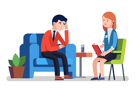 Broken businessman talking to psychologist. Psychotherapy counseling. Business man dealing with stress. Modern colorful flat style vector illustration isolated on white backgroundのイラスト素材