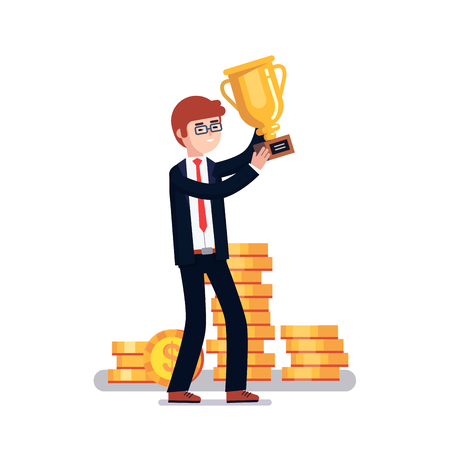 Celebrating businessman holding winner gold cup trophy. Business achievement concept. Modern colorful flat style vector illustration isolated on white background.のイラスト素材