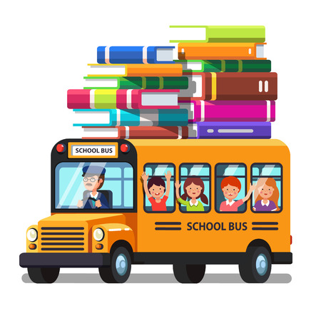 School bus riding with kids and lots of books luggage on the roof. Education trip concept. Colorful flat style cartoon vector illustration.のイラスト素材