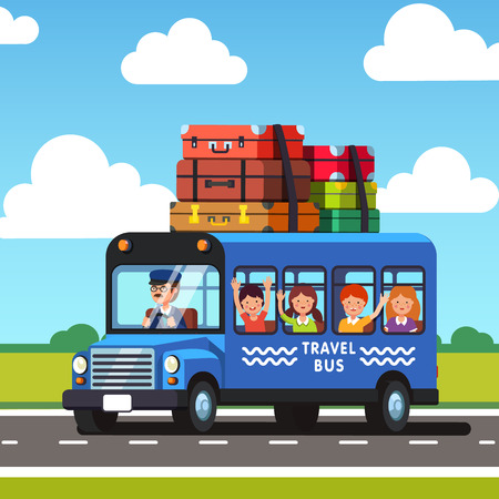 Traveling bus with a luggage bags on the roof riding with kids on outdoor road trip. Colorful flat style cartoon vector illustration.のイラスト素材