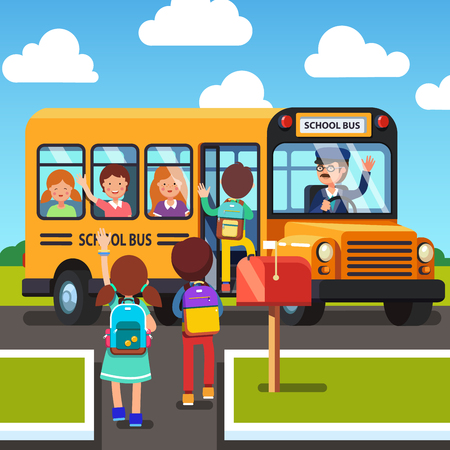 Kids walking to and getting on school bus. Driver waving hand to pupils. Colorful flat style cartoon vector illustration.のイラスト素材