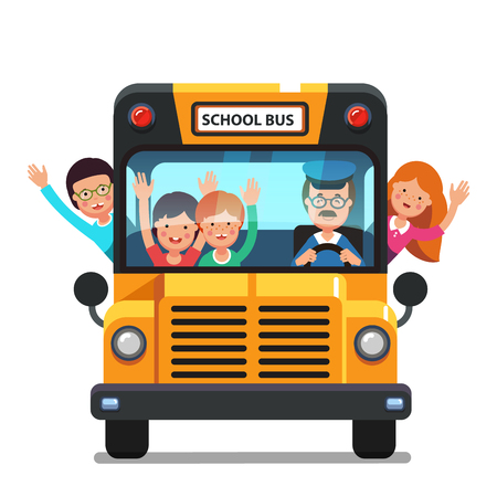Happy smiling kids riding on a school bus with a driver. Front view. Colorful flat style cartoon vector illustration isolated on white background.のイラスト素材